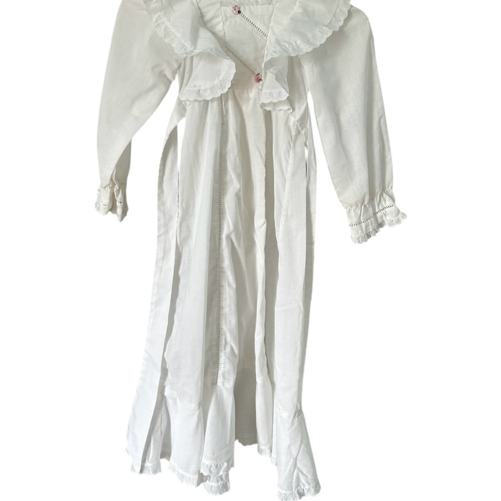 VTG Girls Ogar Friend Maxi Dress Sz 4 White Appliqué Zipper Tie Back Ruffles 70s